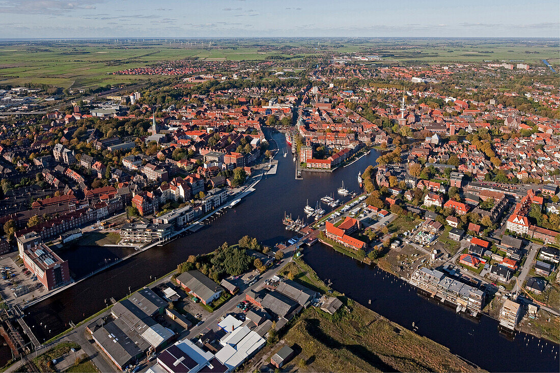 Cityscape with harbor, Emden, Lower Saxony, Germany