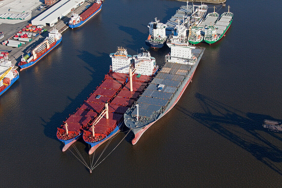 Aerial view of freighters moored in Emden harbour, Emden, Lower Saxony, northern Germany