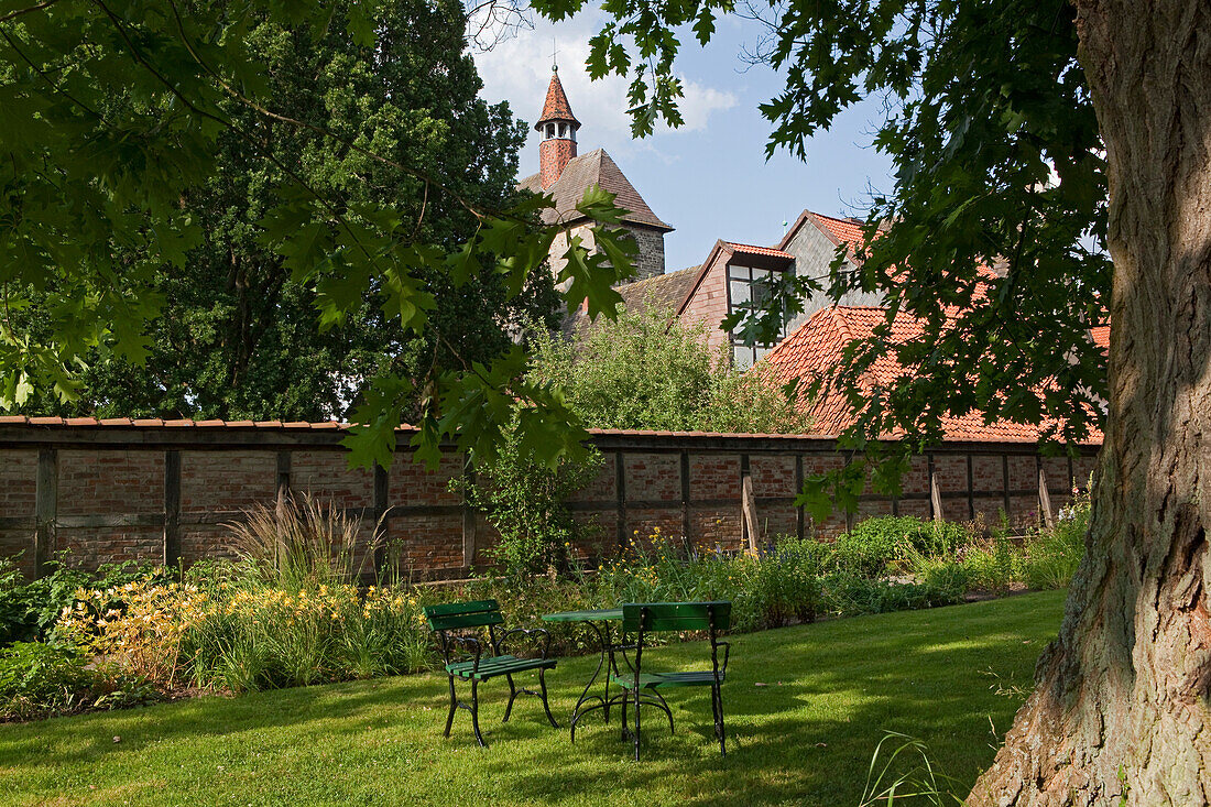 View from the garden of the abbey towards Fischbeck Abbey, Fischbeck, Hessisch Oldendorf, Lower Saxony, Germany