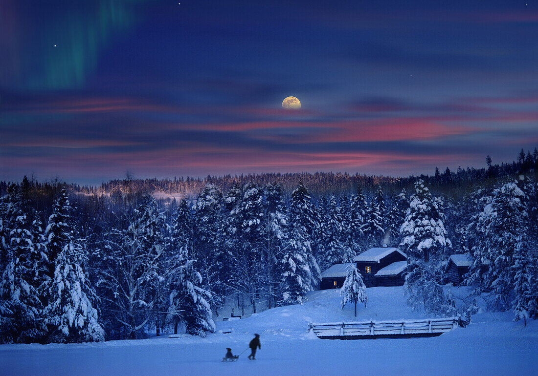 People in snow covered landscape at moonrise, Maihaugen, Lillehammer, Norway, Scandinavia, Europe