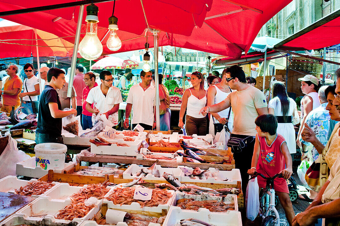 Stand with fish, Market, Mercato di Ballaró, Palermo, Sicily, Italy