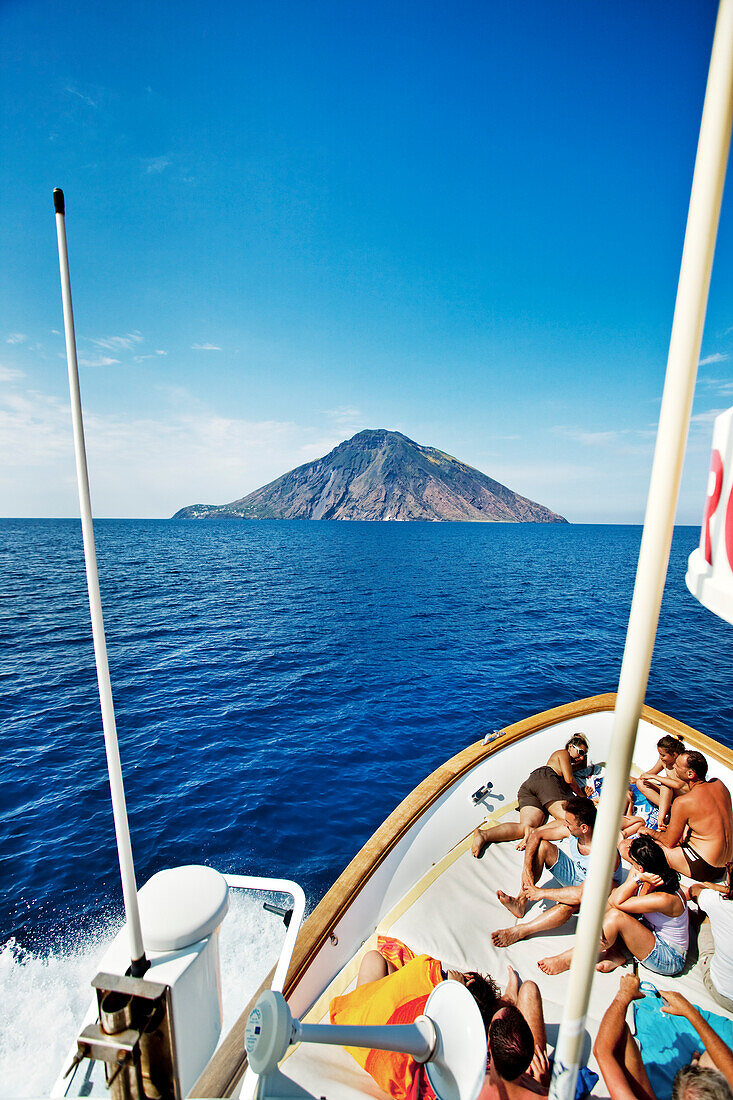 View from a boat to Stromboli volcanic Island, Aeolian islands, Sicily, Italy
