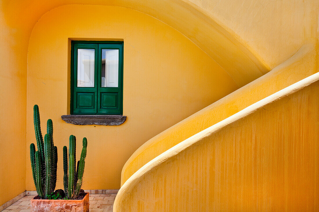 Window and yellow wall, Hotel Signum, Malfa, Salina Island, Aeolian islands, Sicily, Italy