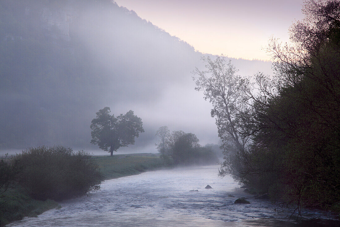 Morning mist near Werenwag, Upper Danube nature park, Danube river, Baden-Württemberg, Germany