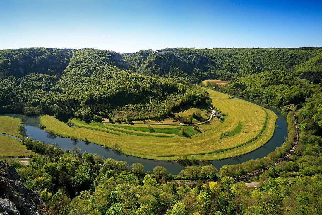 View to Danube meander near Beuron monastery, Upper Danube nature park, Danube river, Baden-Württemberg, Germany