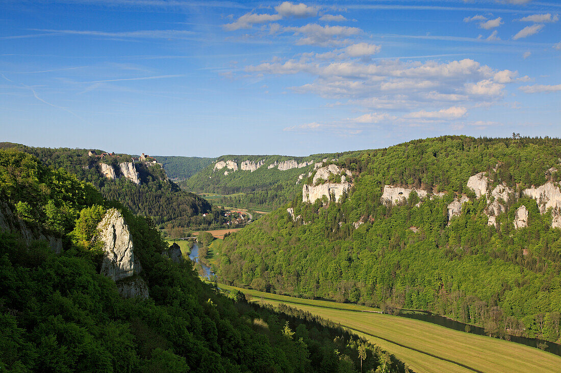 View over the Danube valley towards Werenwag castle, Upper Danube nature park, Danube river, Baden-Württemberg, Germany