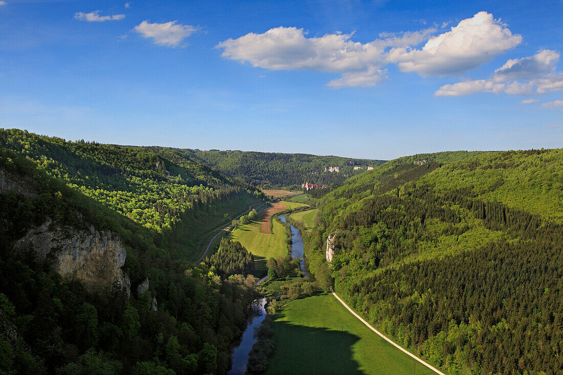 View over the Danube valley towards Beuron monastery, Upper Danube nature park, Danube river, Baden-Württemberg, Germany