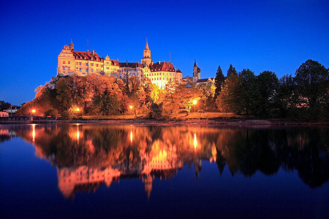 Sigmaringen castle at night, Upper Danube nature park, Danube river, Baden-Württemberg, Germany