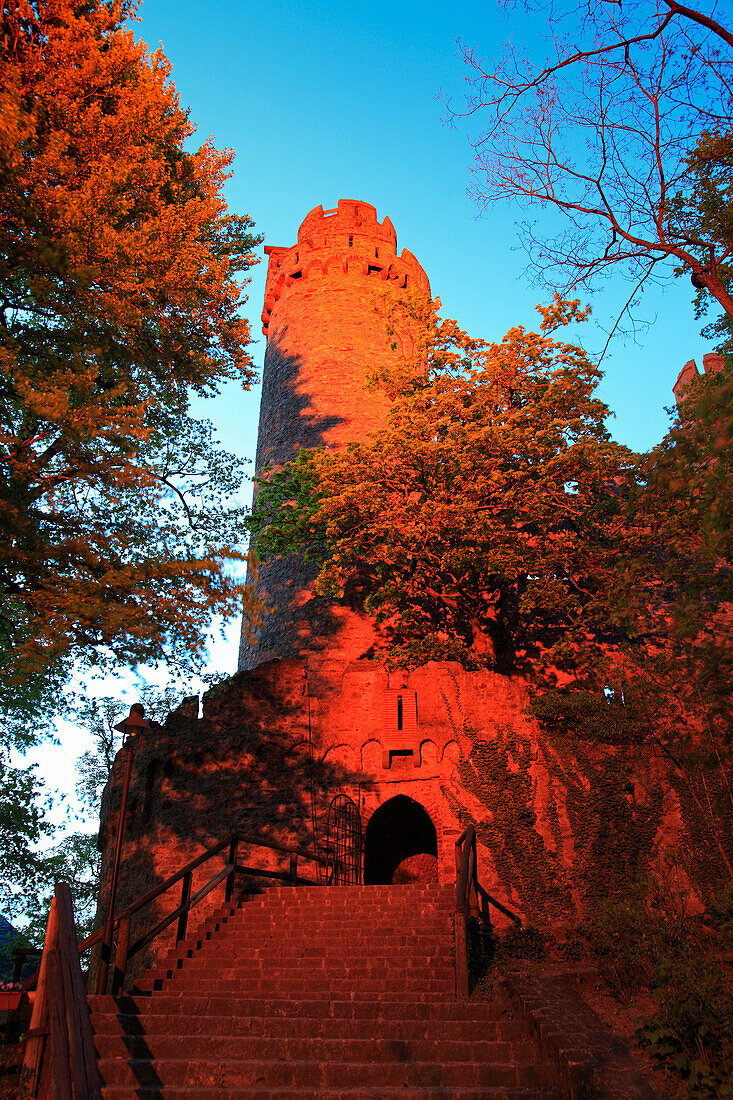 Southern tower with castle gate in the evening light, Auerbach castle, near Bensheim, Hessische Bergstrasse, Hesse, Germany