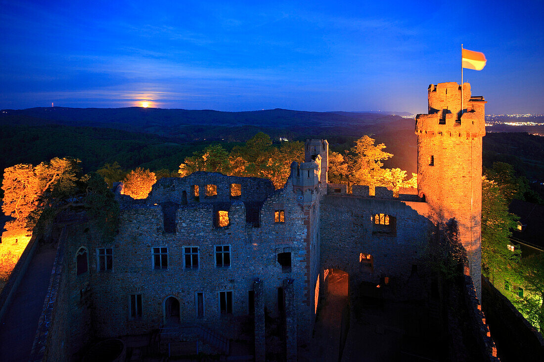Moonrise over the illuminated Auerbach castle, near Bensheim, Hessische Bergstrasse, Hesse, Germany