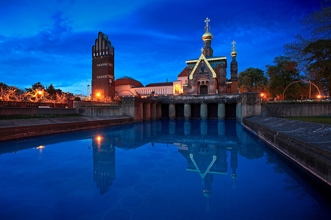 Mathildenhoehe with wedding tower (Architect: Joseph Maria Olbrich) and Russian Chapel, Darmstadt, Hessische Bergstrasse, Hesse, Germany