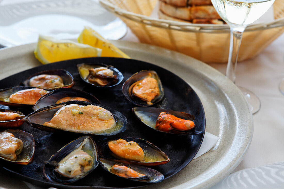 Steamed mussels in a restaurant in Funchal, Madeira, Portugal