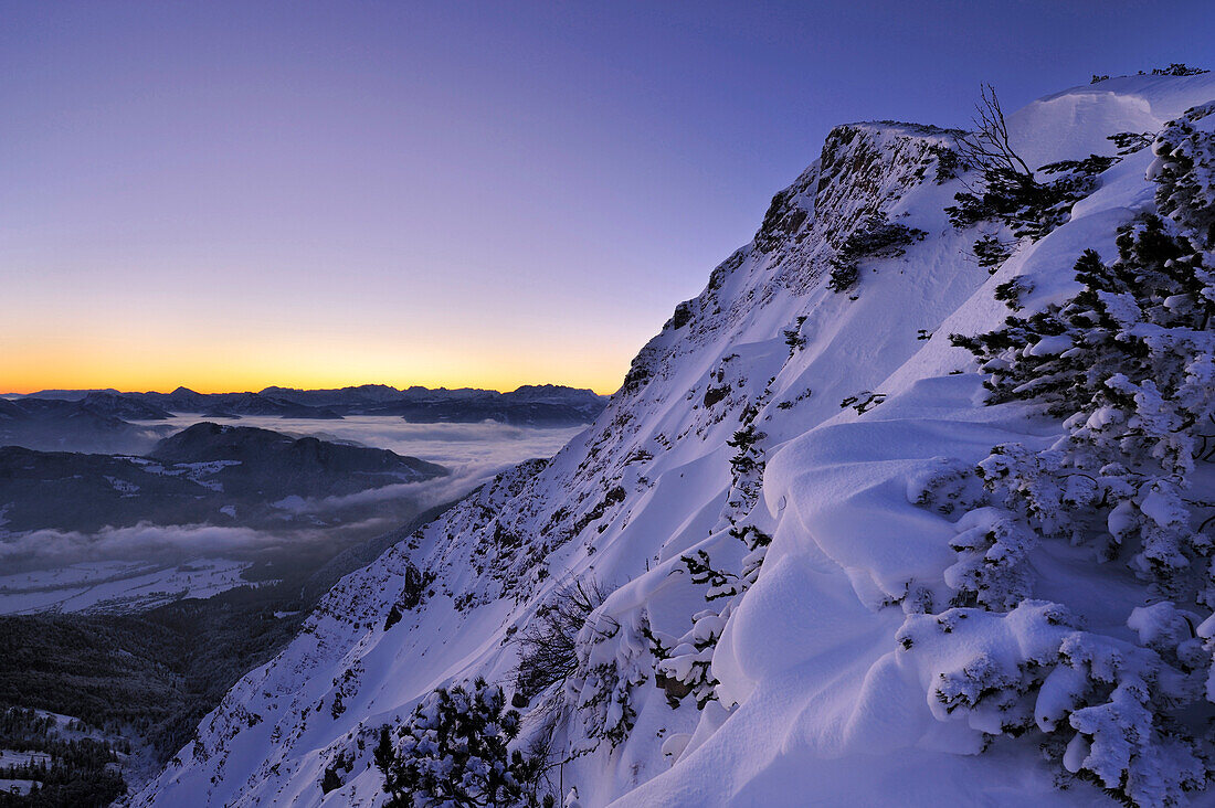 Slope to the summit of Geigelstein at dawn, Geigelstein, Chiemgau range, Bavarian Alps range, Upper Bavaria, Bavaria, Germany