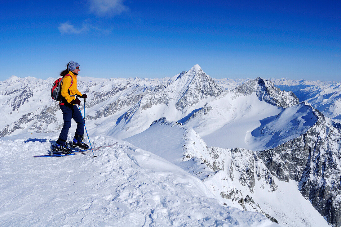 Frau auf Skitour blickt auf Hochgall und Wildgall, Magerstein, Rieserfernergruppe, Südtirol, Italien
