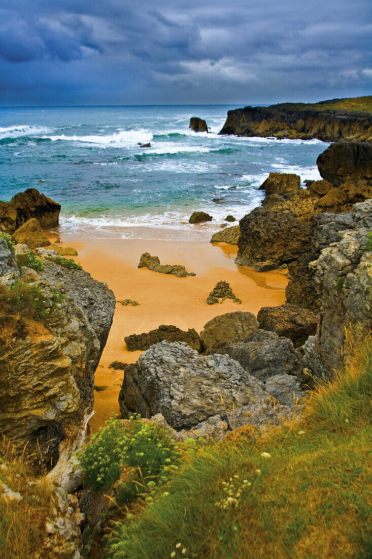 Rocky landscape beside the sea in Cantabria Noja