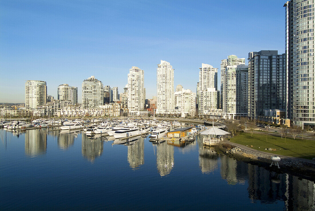 buildings, city, urban, Vancouver, British Columbia, water, shore, False Creek, downtown, urban, city, reflection, marina