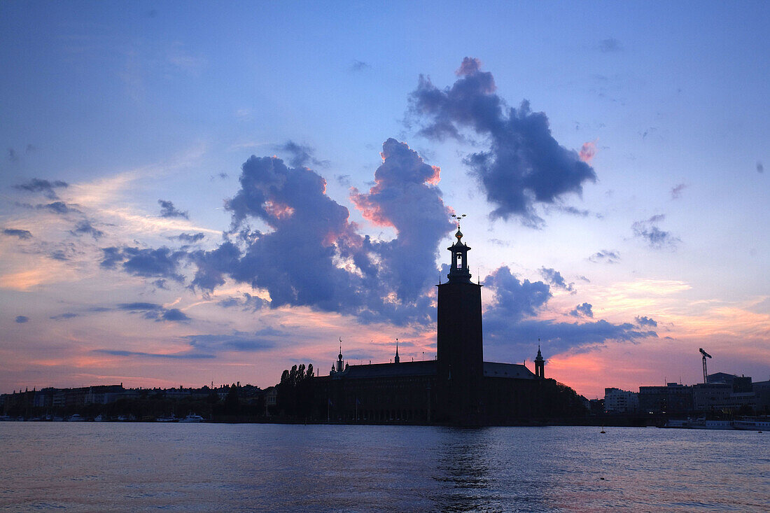 silhouette of City Hall, dusk, Stockholm, Sweden