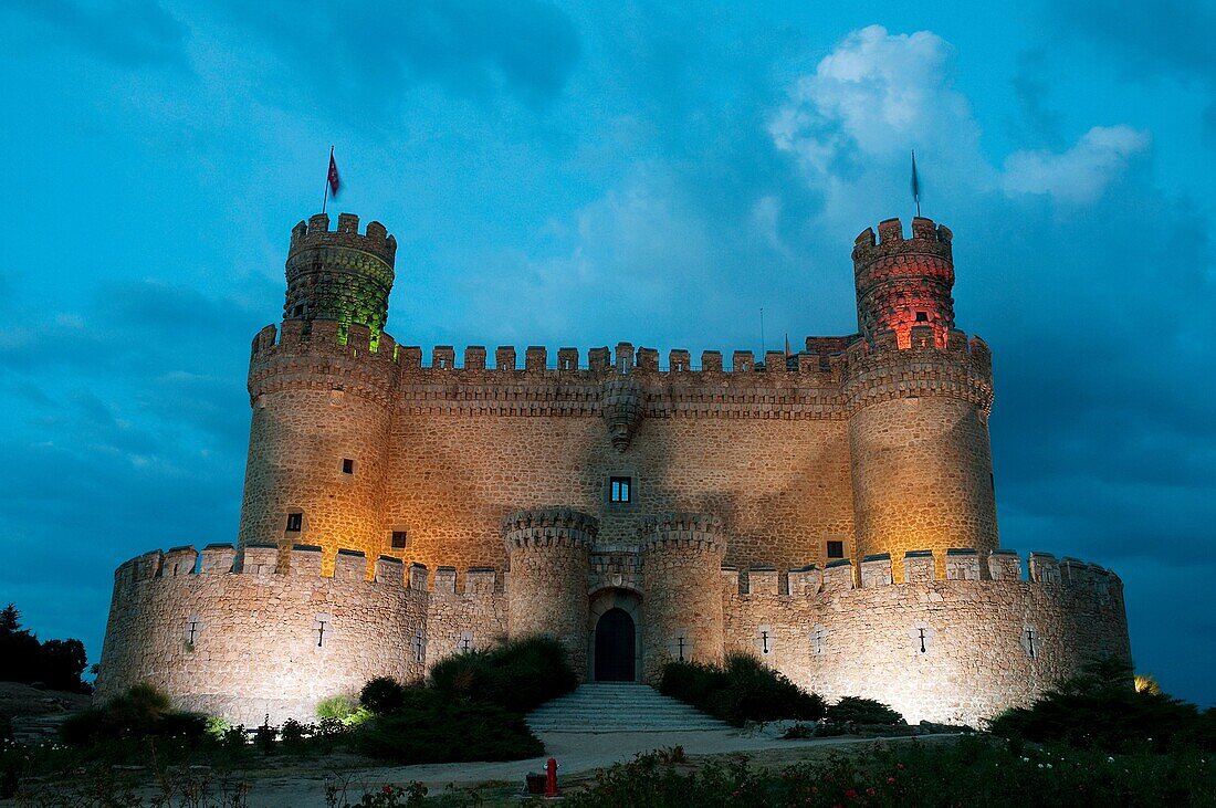Castle at night  Manzanares El Real  Madrid province  Spain