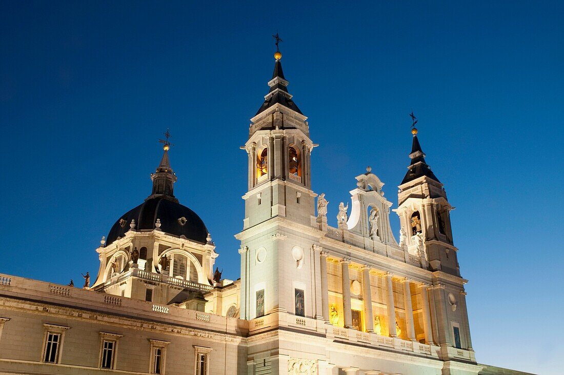 Facade of the Almudena cathedral, night view  Madrid  Spain