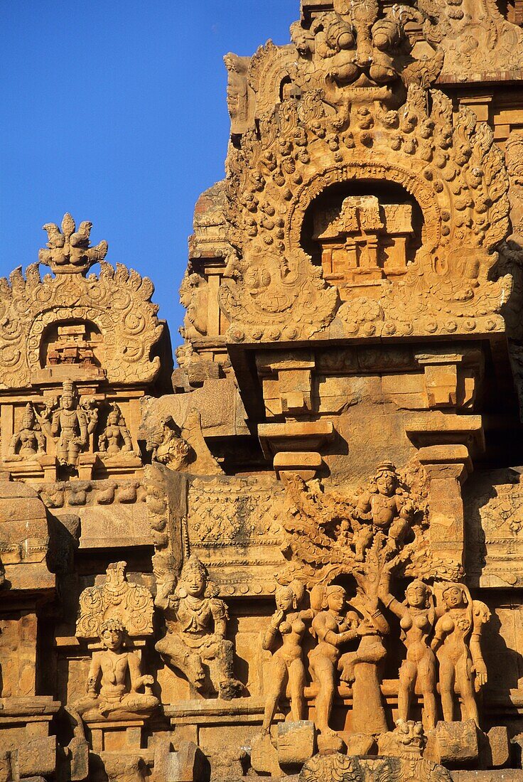 SCULPTED GOPURAM, BRIHADISHWARA TEMPLE, THANJAVUR TANJORE, TAMIL NADU, INDIA