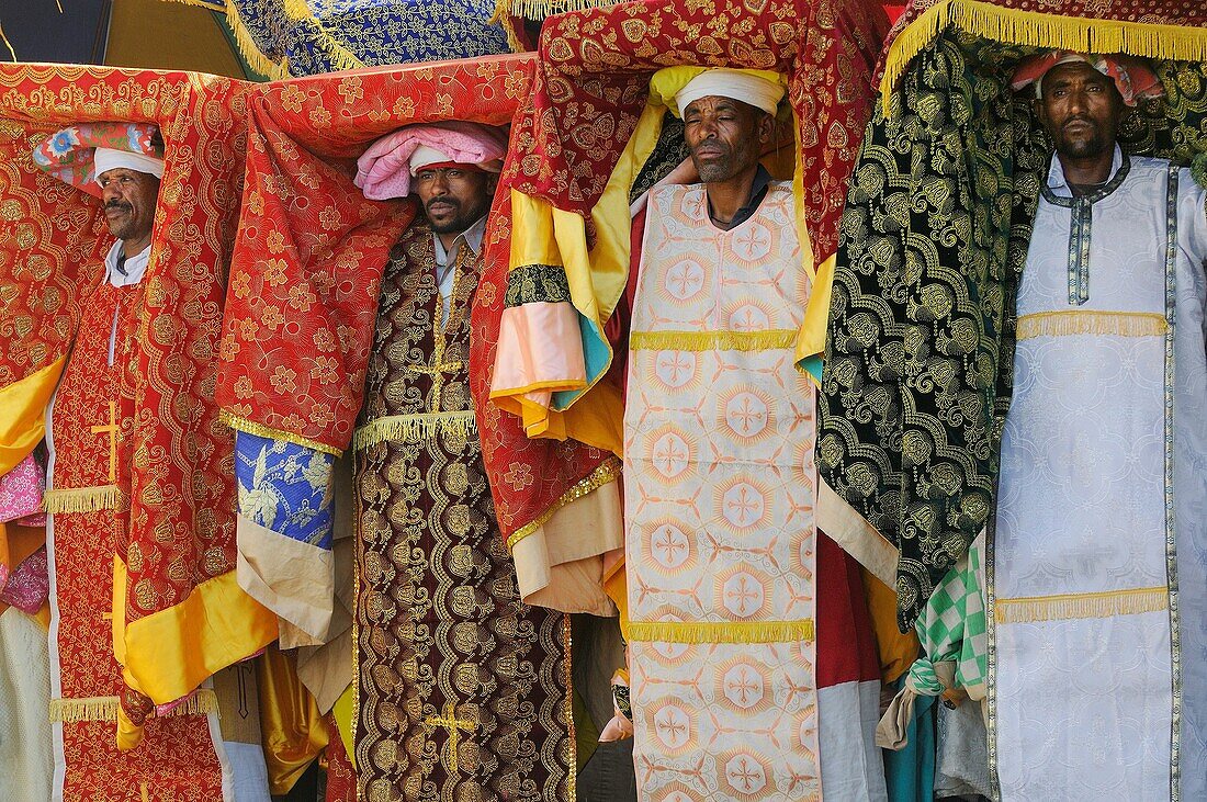 Ethiopia, Lalibela,Timkat festival, High priests carrying the church Tabots   Every year on january 19, Timkat marks the Ethiopian Orthodox celebration of the Epiphany  The festival reenacts the baptism of Jesus in the Jordan River  Wrapped in rich cloth