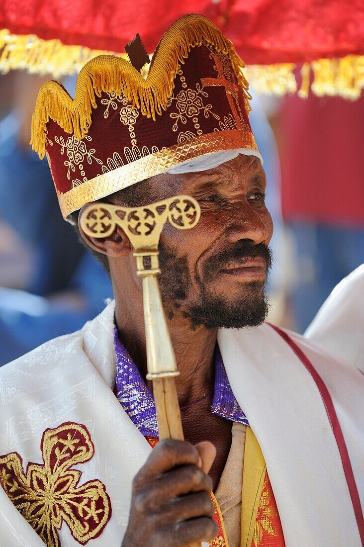 Ethiopia, Lalibela,Timkat festival, Christian orthodox priest   Every year on january 19, Timkat marks the Ethiopian Orthodox celebration of the Epiphany  The festival reenacts the baptism of Jesus in the Jordan River  Wrapped in rich cloth, the church Ta