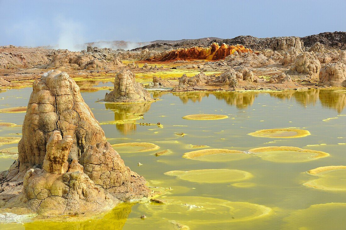 Ethiopia, Afar region, Danakil depression, Dallol, Sulfuric acid pond and fumaroles  Dallol is a volcanic explosion crater which was formed during a phreatic eruption in 1926, This crater and other similar ones nearby are the lowest known subaerial volcan