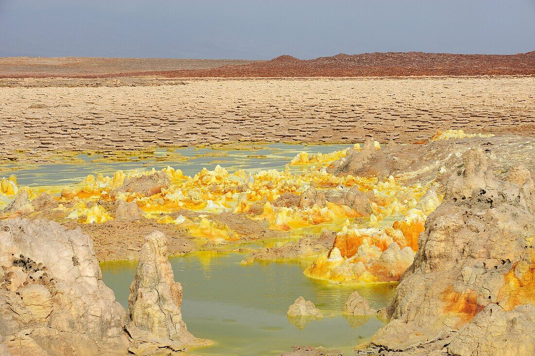 Ethiopia, Afar region, Danakil depression, Dallol, Volcanic formations  Dallol is a volcanic explosion crater which was formed during a phreatic eruption in 1926, This crater and other similar ones nearby are the lowest known subaerial volcanic vents in t