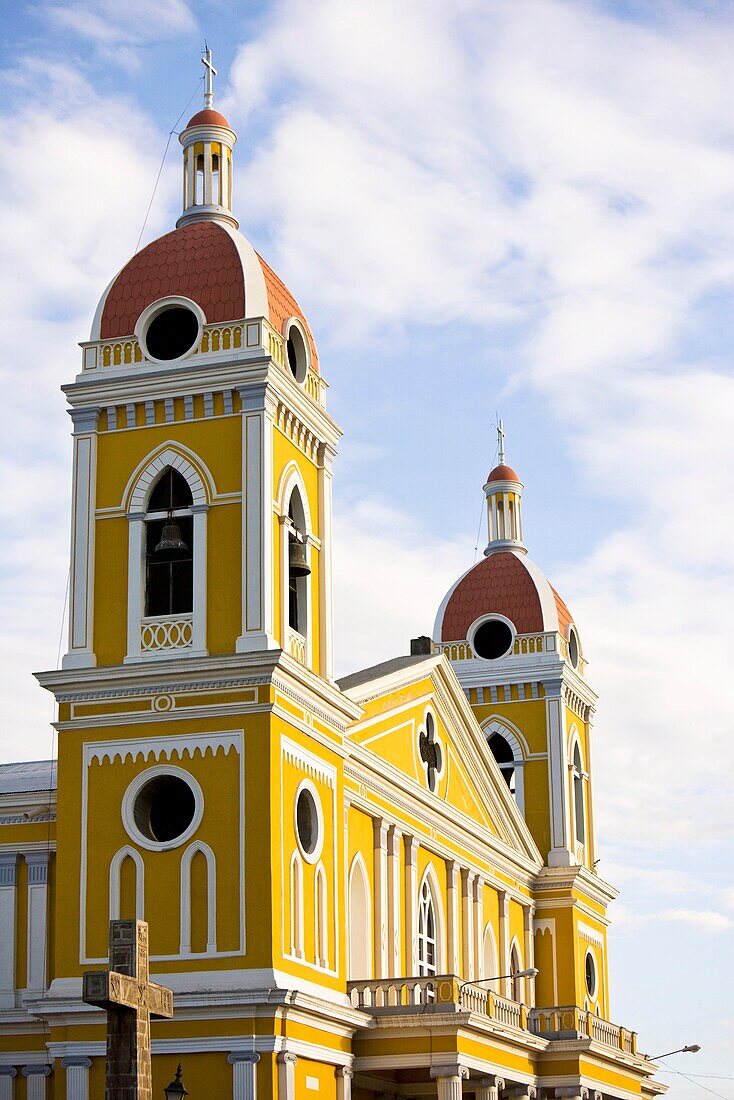 Facade of yellow neoclassical style Cathedral of Granada, Nicaragua