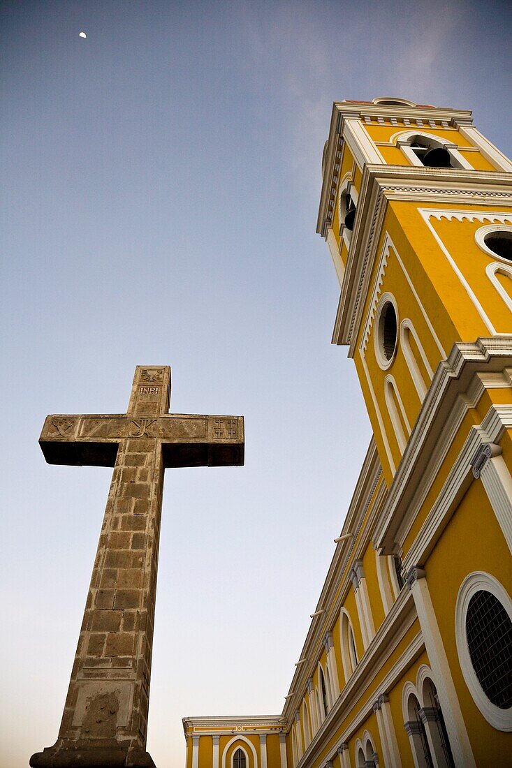 Yellow and red belltower of neoclassical style Cathedral of Granada, Nicaragua