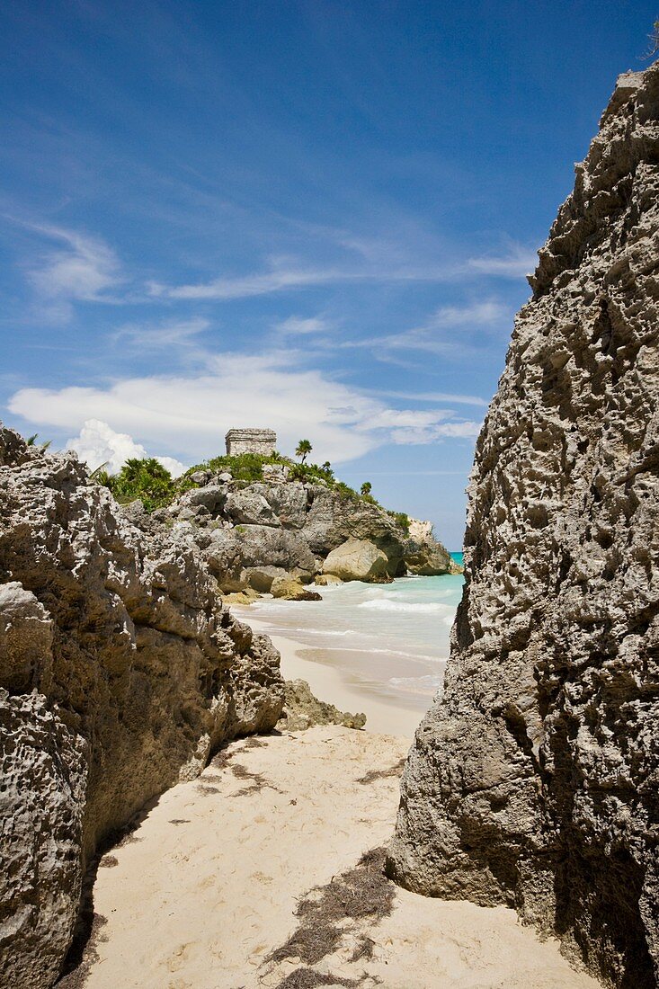 El Castillo The Castle and rocky beach at the Mayan ruins of Tulum in Quintana Roo, Mexico