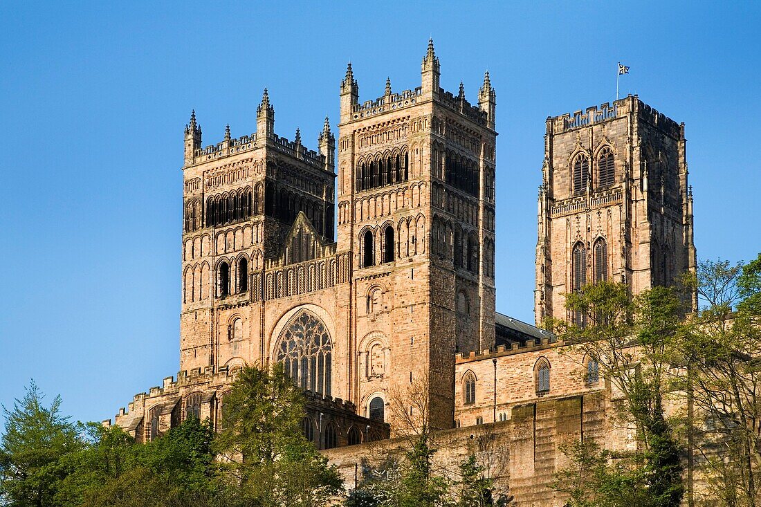 Durham Catherdral at Sunset in Spring from the Banks of the River Wear Durham England