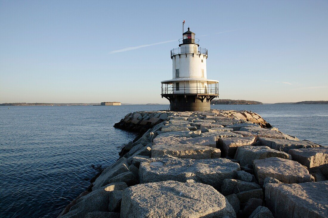 Spring Point Ledge Light at Fort Preble during the winter months  Located in South Portland, Maine USA, which is part of the New England seacoast  Notes: Spring Point Ledge Light was built in 1897 and is a sparkplug style Lighthouse  It is located at the