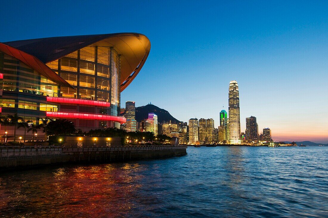 The landmark Hong Kong Exhibition and Convention Centre on the shore of Victoria Harbour in Hong Kong SAR China