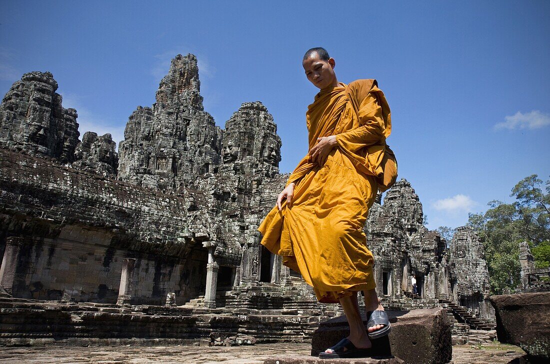 Monk in Temples of Bayon  Angkor site  Cambodia