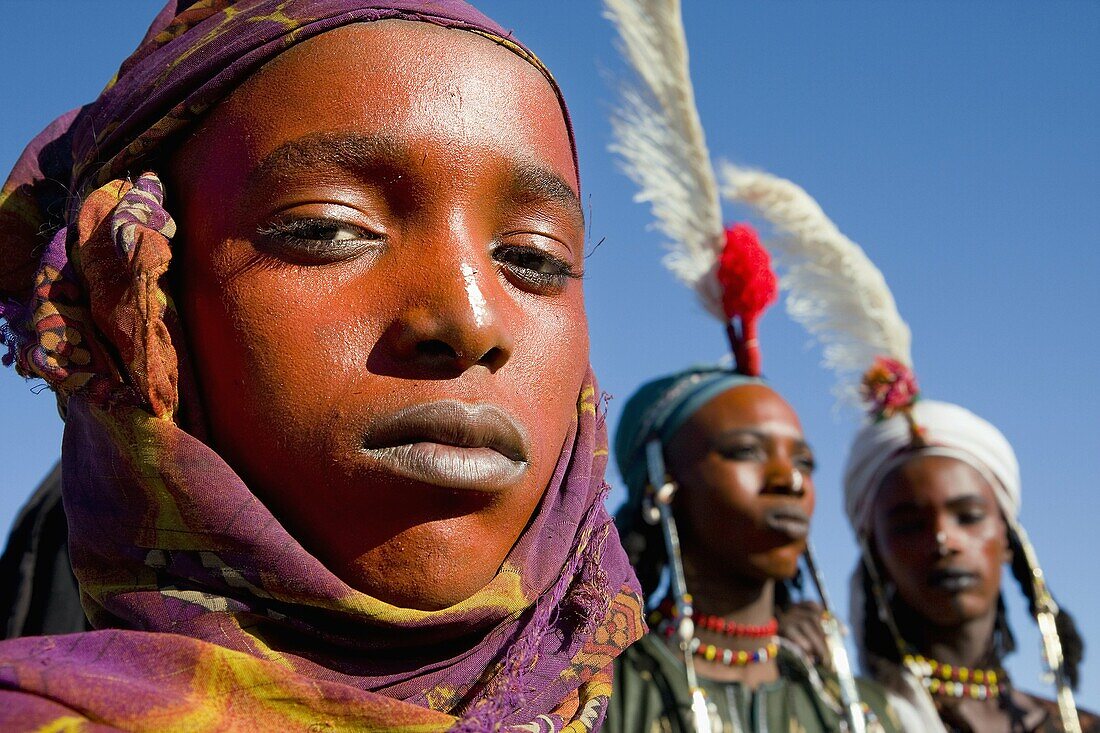 A Wodaabe-Bororo man with his face painted for the annual Gerewol  Diffa  Sahel  Niger