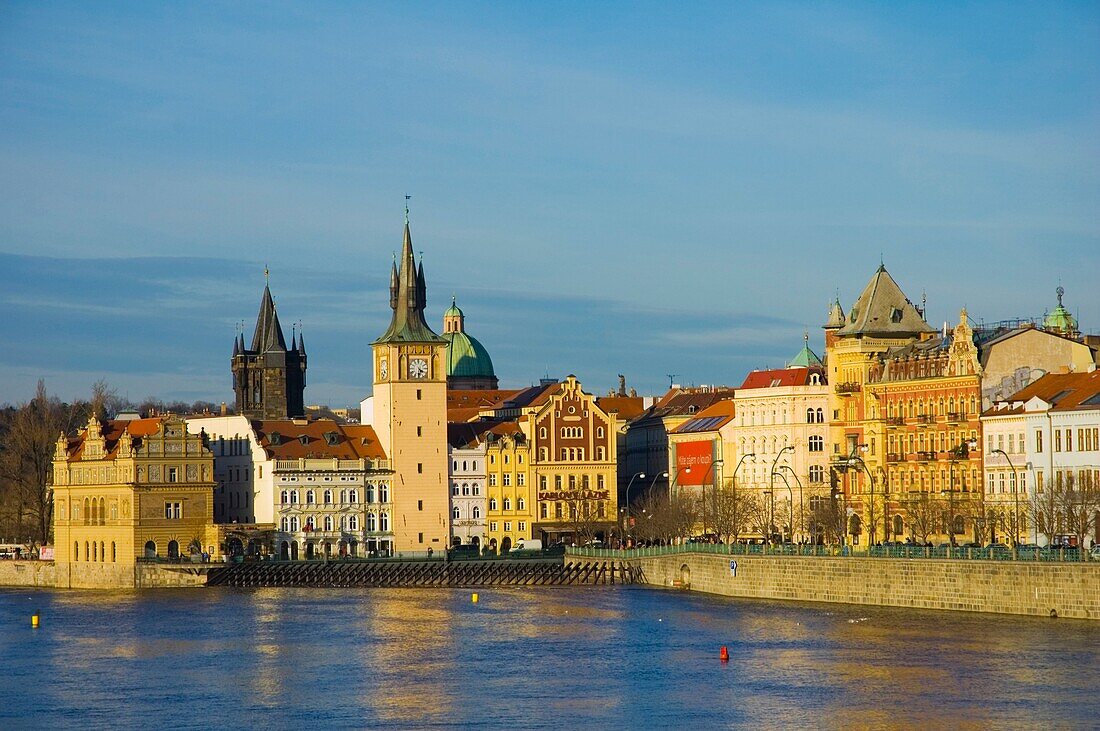 Riverside Vltava with Smetana Museum and old town in Prague Czech Republic