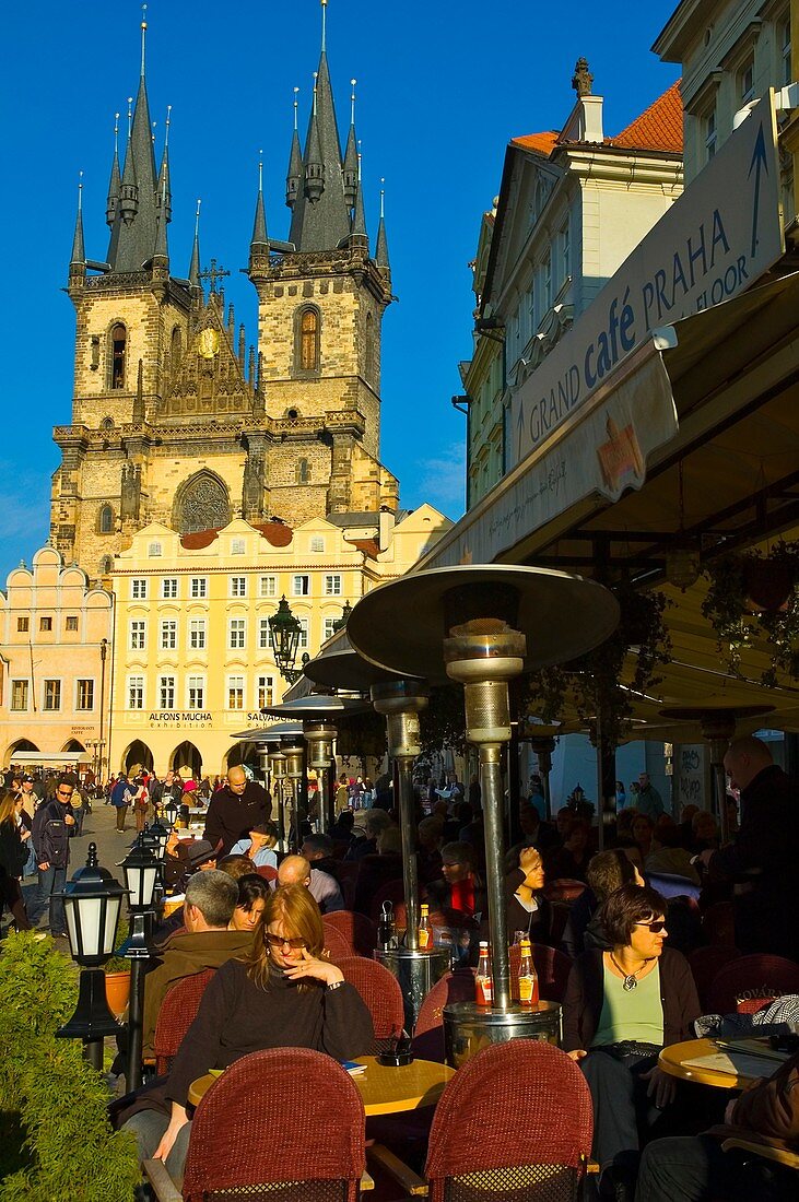 Restaurant terraces at old town square in Prague Czech Republic