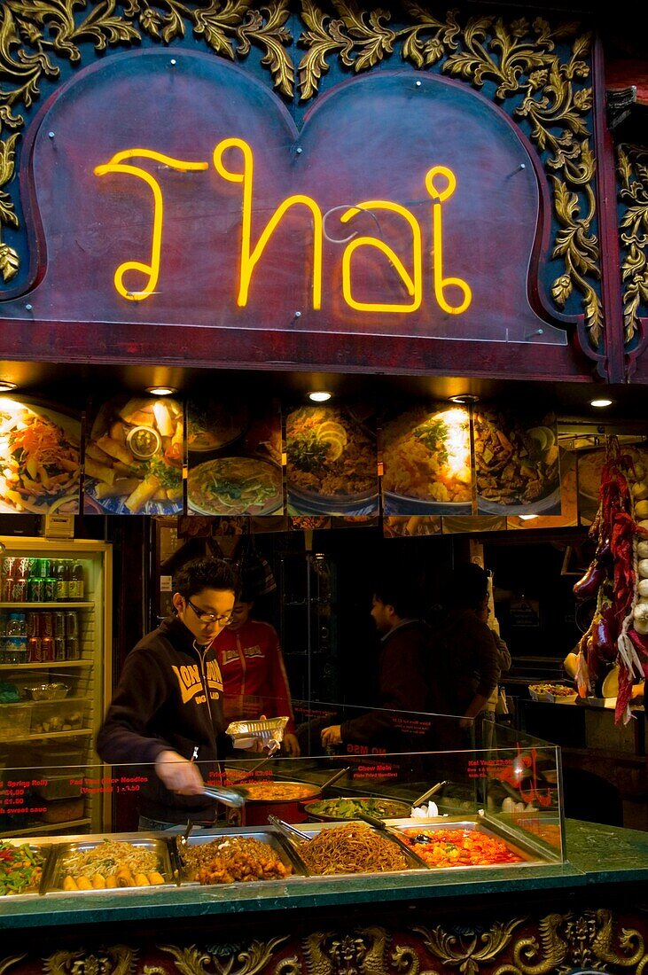 Oriental food stall at Camden Town market in London UK