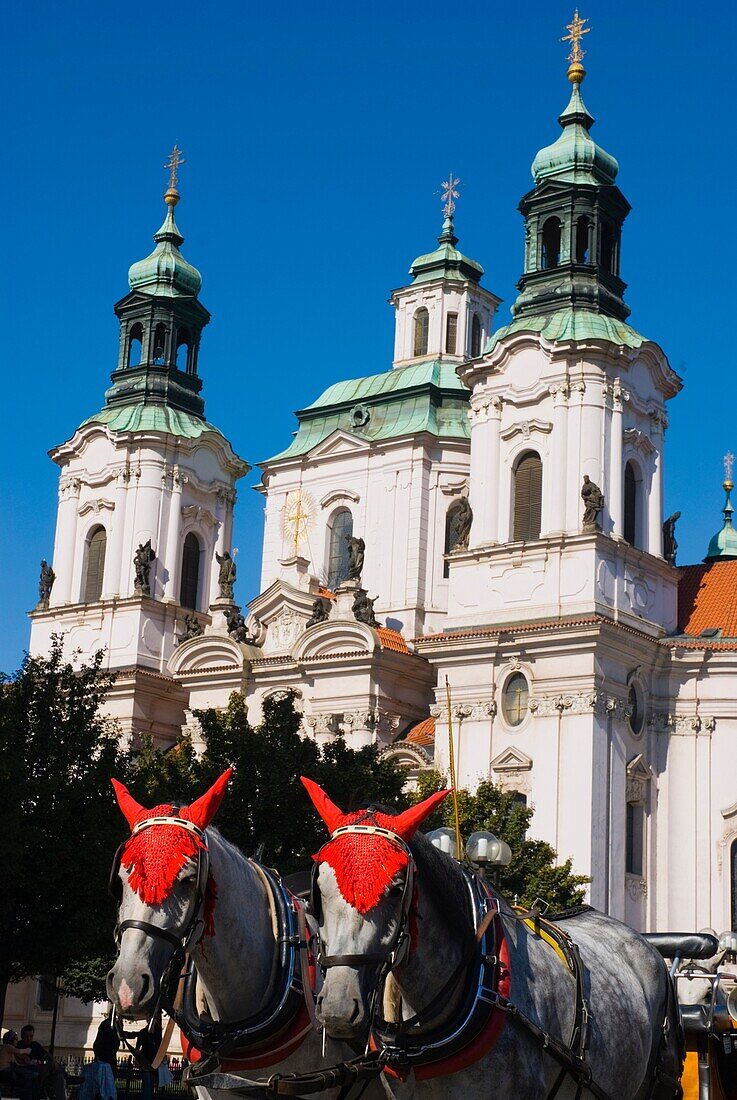 Horses at staromestske namesti the old town square in Prague Czech Republic Europe