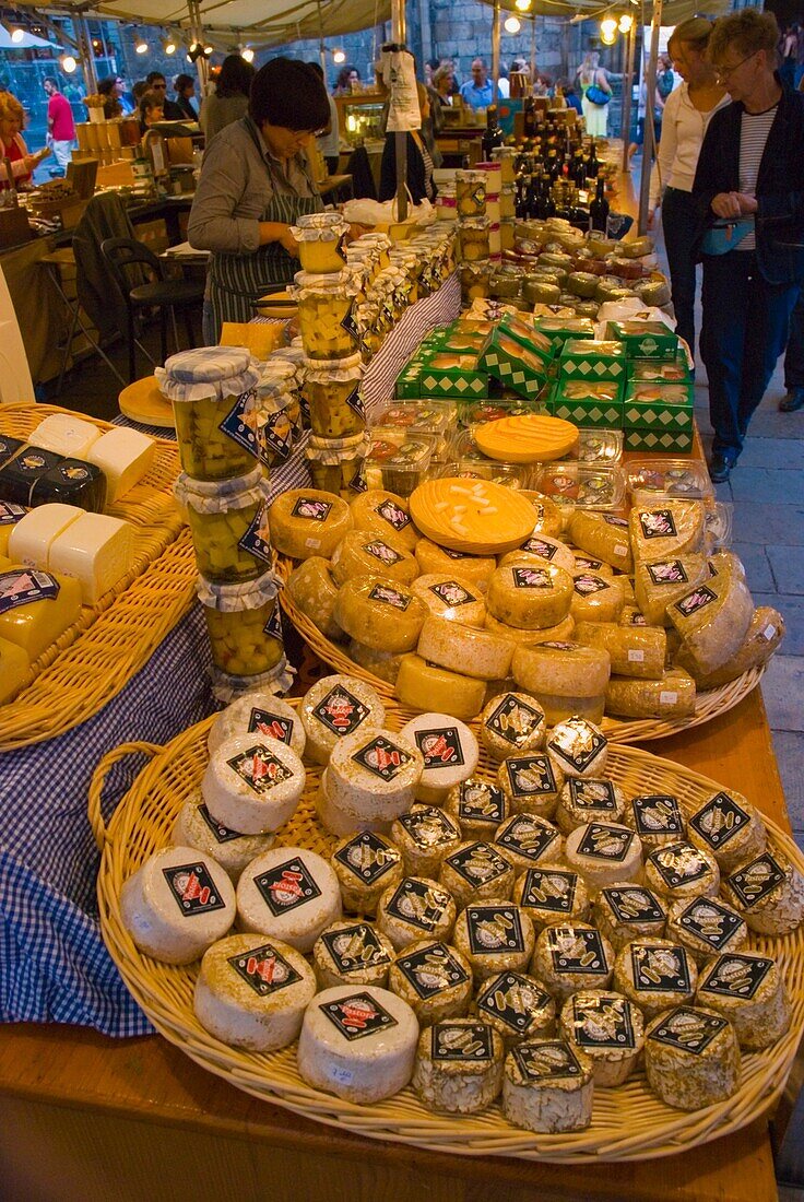 Cheese stall at weekend organic market at Placa del Pi in Barri Gotic district in Barcelona Spain Europe