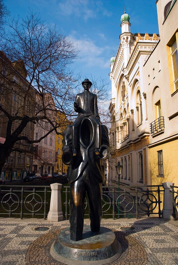 Statue in memory of Franz Kafka in Josefov quarter of old town Prague Czech Republic Europe