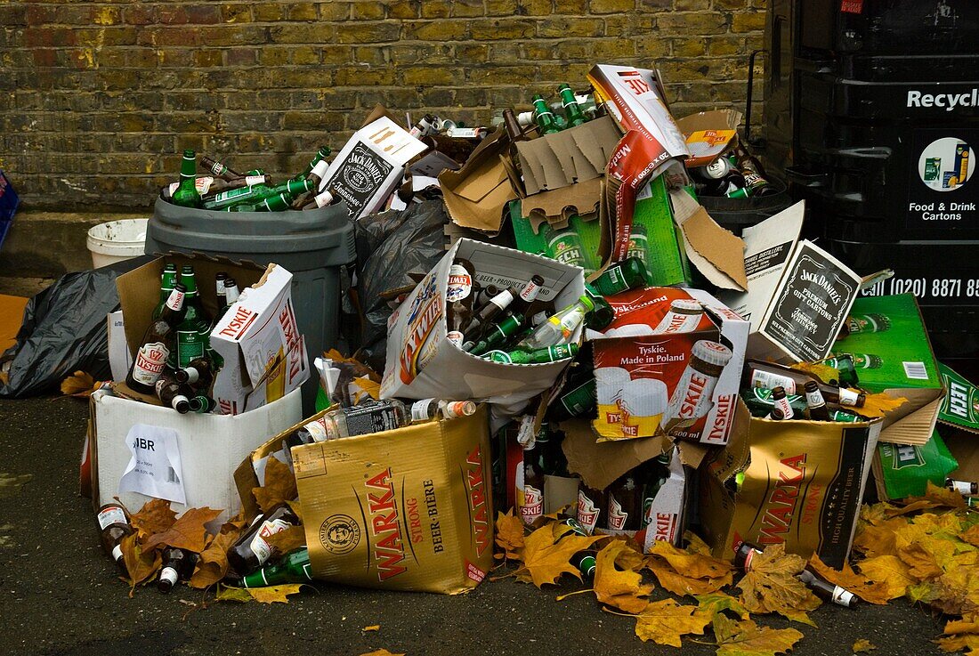 Empty Polish beer bottles and cardboard boxes in front of recycling bins Tooting London England UK Europe