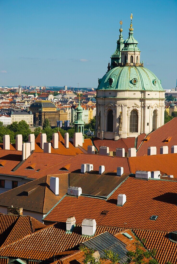 Rooftops of Mala Strana and the dome of Sv Mikulas church in Mala Strana district of Prague Czech Republic Europe