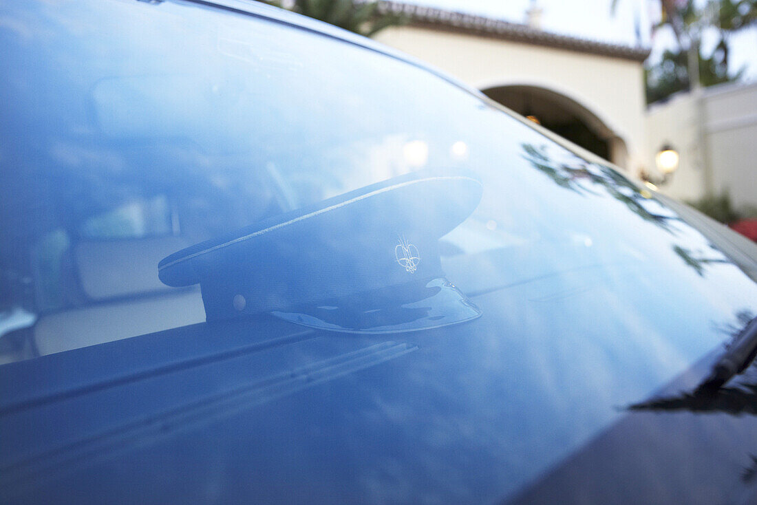 Windshield with Chauffeur's cap, Las Dunas Hotel, Estepona, Malaga, Spain