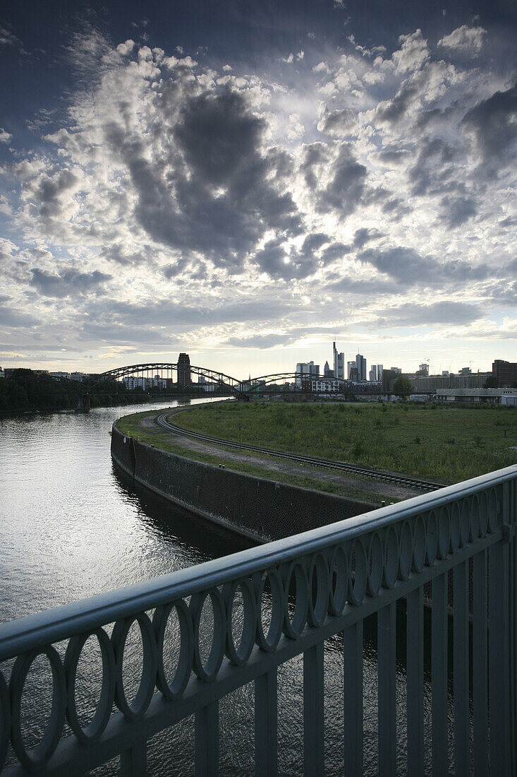 Industry area near Osthafen, Main river, skyline, Frankfurt am Main, Hesse, Germany