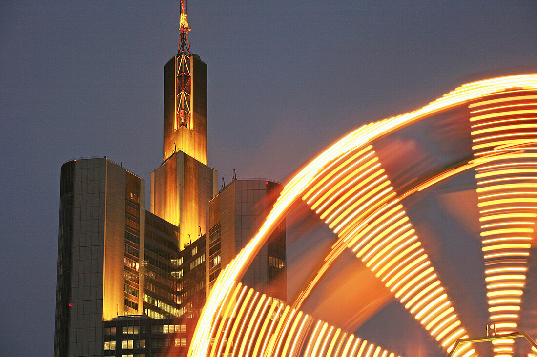 High rise building and ferries wheel,  Frankfurt am Main, Hesse, Germany