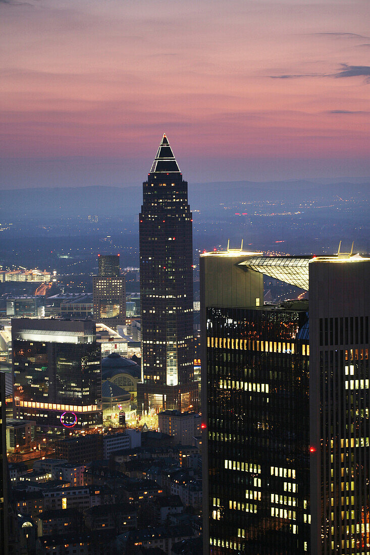 View from Maintower to quarter of Central Railwaystation and Messeturm, Frankfurt am Main, Hesse, Germany