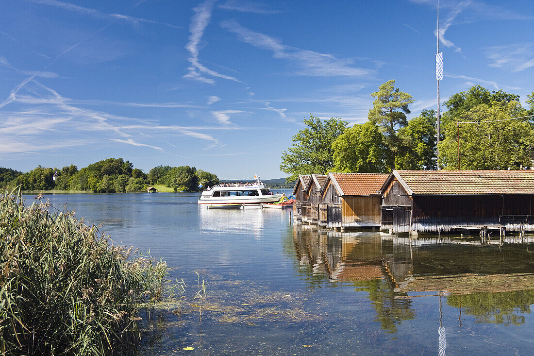 Lake Staffelsee near Seehausen with steam ship, Upper Bavaria, Germany