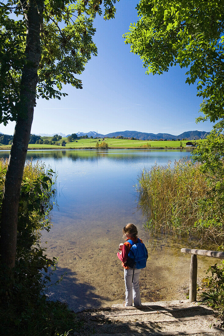 Little girl standing on the lake shore at Froschhauser pond near Murnau, Bavaria, Germany